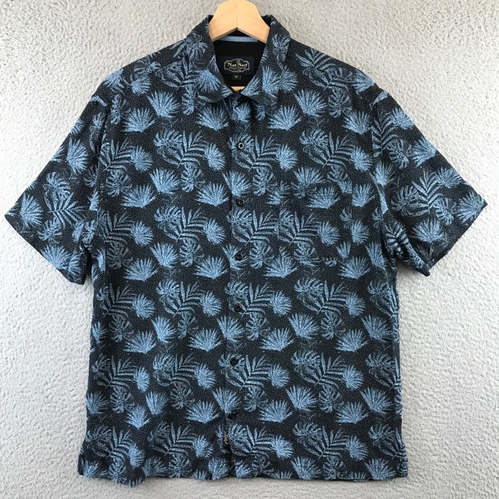 Nat‎ Nast Mens M Button Up Short Sleeve Shirt Tropical Leaf Print Silk Blend
